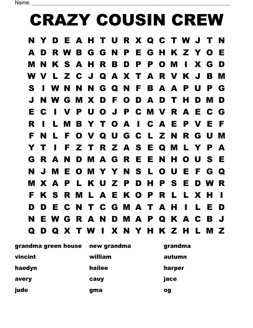 CRAZY COUSIN CREW Word Search