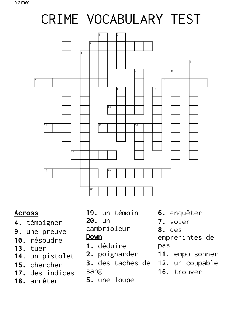 CRIME VOCABULARY TEST Crossword