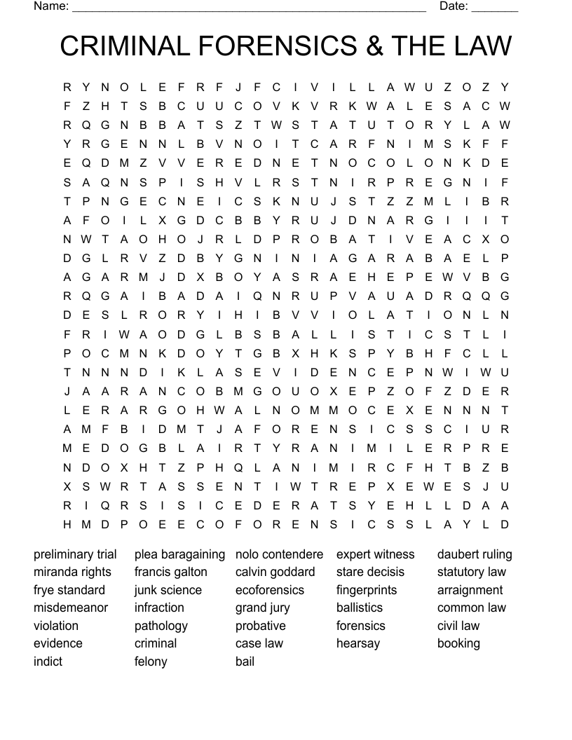 CRIMINAL FORENSICS & THE LAW Word Search