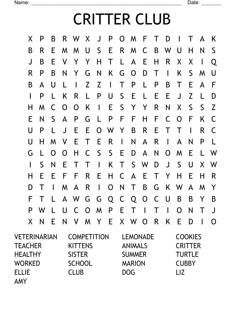 CRITTER CLUB Word Search