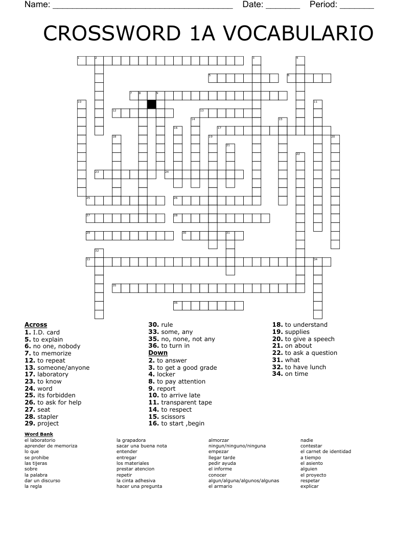 CROSSWORD 1A VOCABULARIO