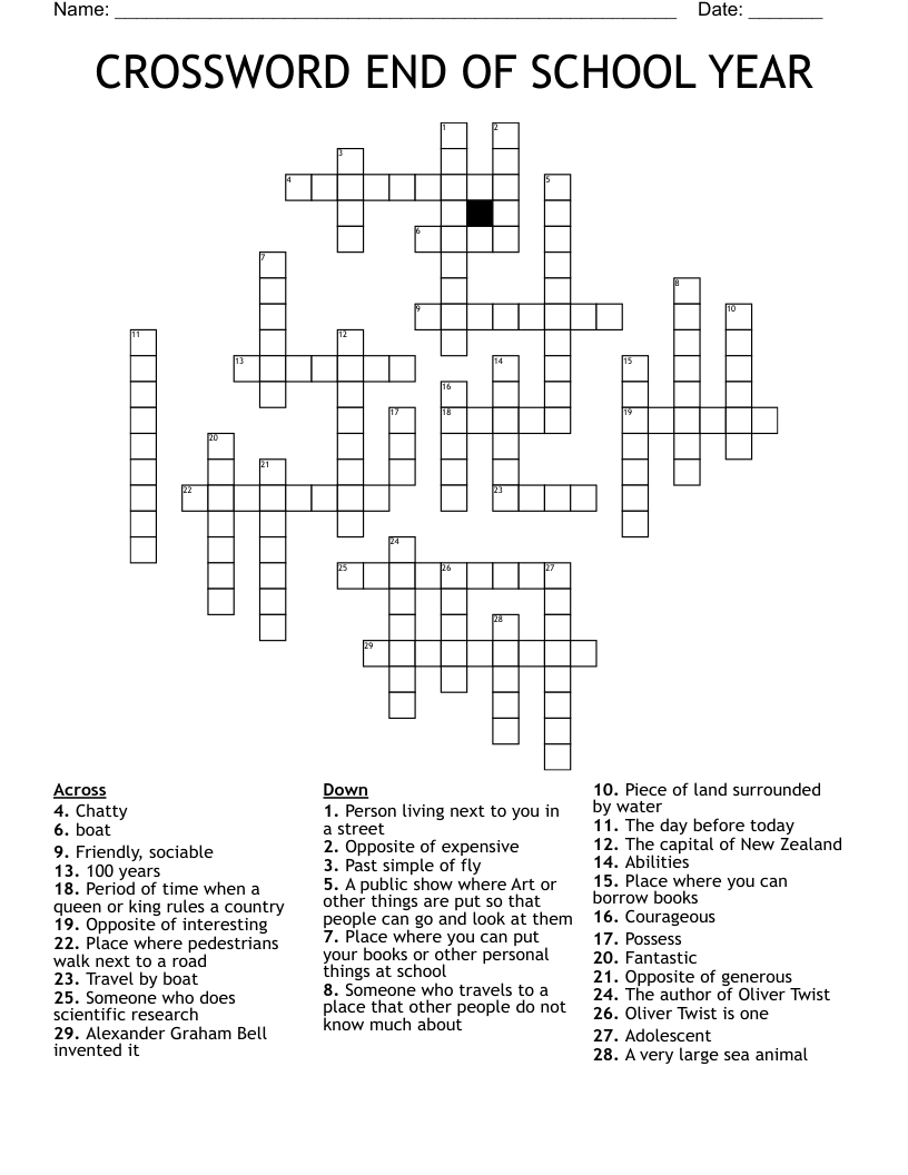 CROSSWORD END OF SCHOOL YEAR