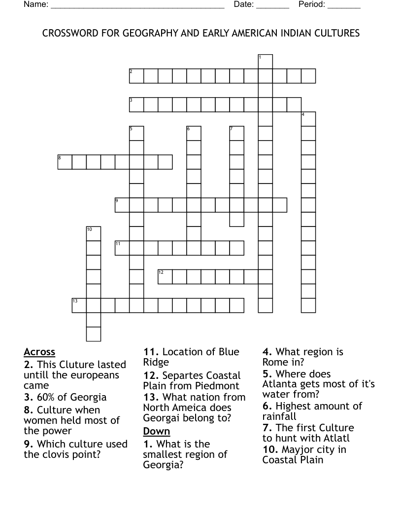 CROSSWORD FOR GEOGRAPHY AND EARLY AMERICAN INDIAN CULTURES