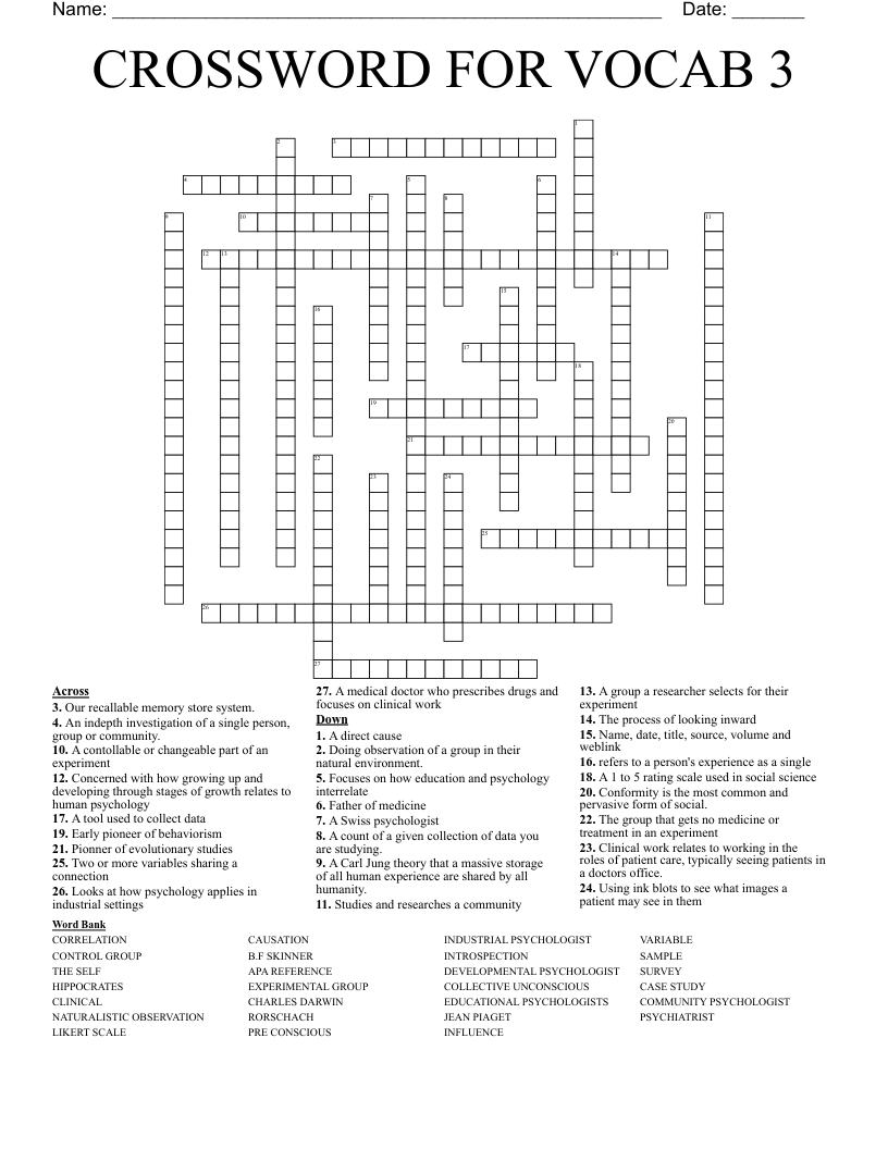 CROSSWORD FOR VOCAB 3