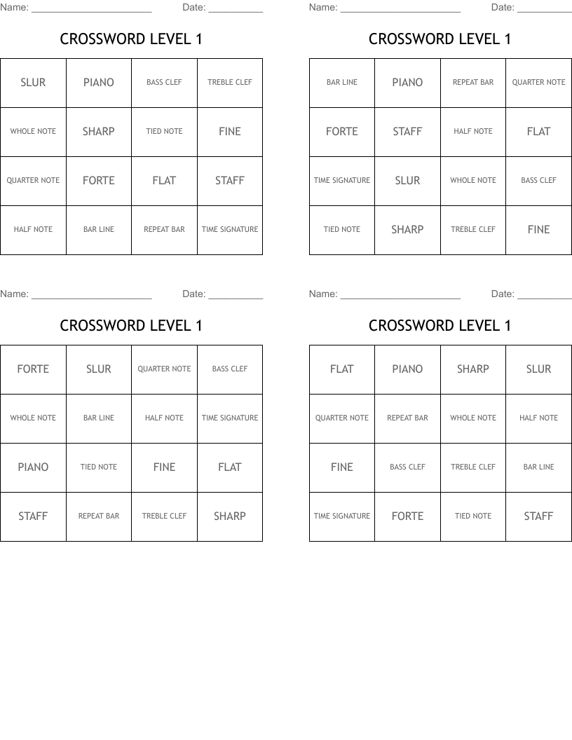 CROSSWORD LEVEL 1 Bingo Cards
