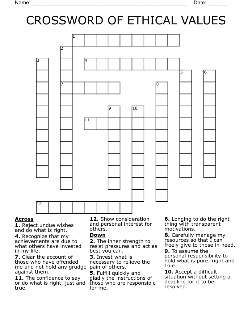 CROSSWORD OF ETHICAL VALUES