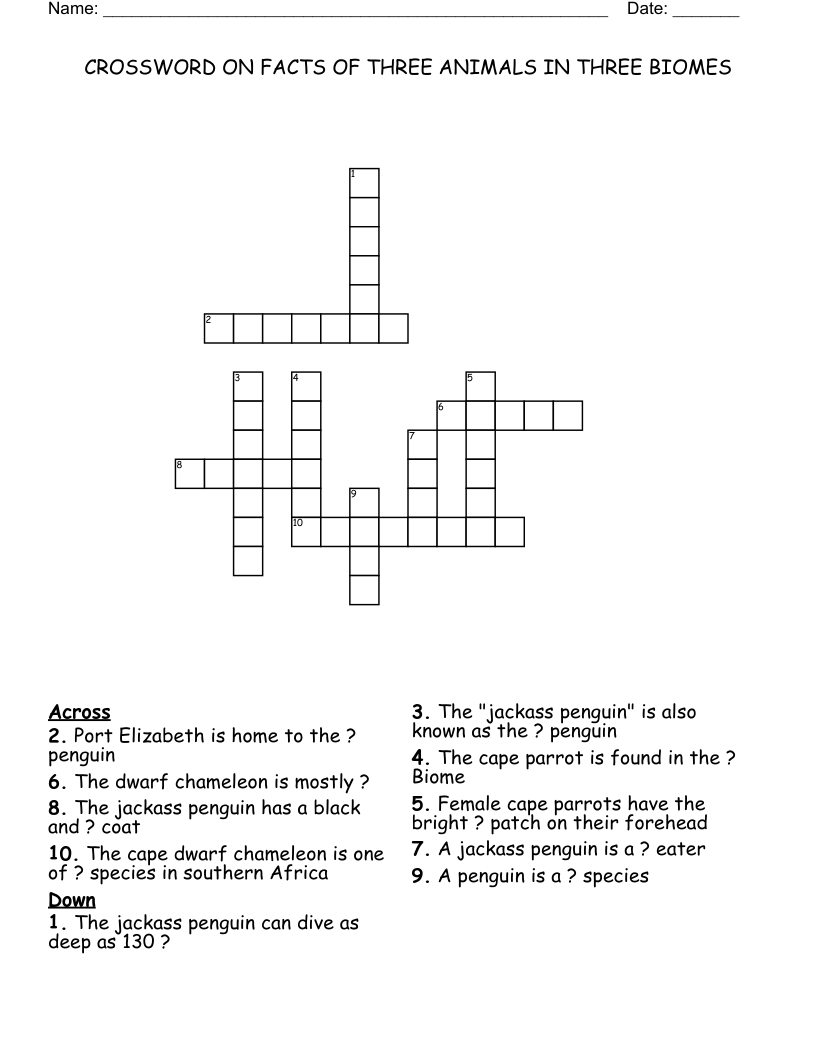 CROSSWORD ON FACTS OF THREE ANIMALS IN THREE BIOMES
