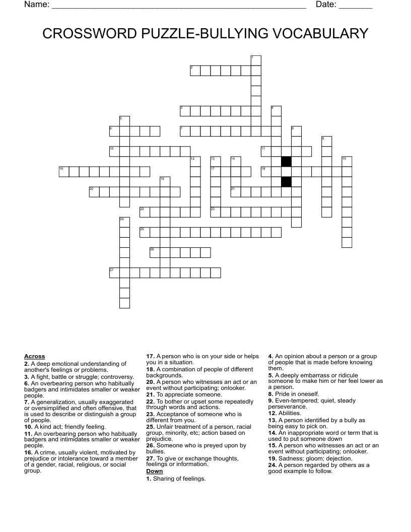 CROSSWORD PUZZLE-BULLYING VOCABULARY