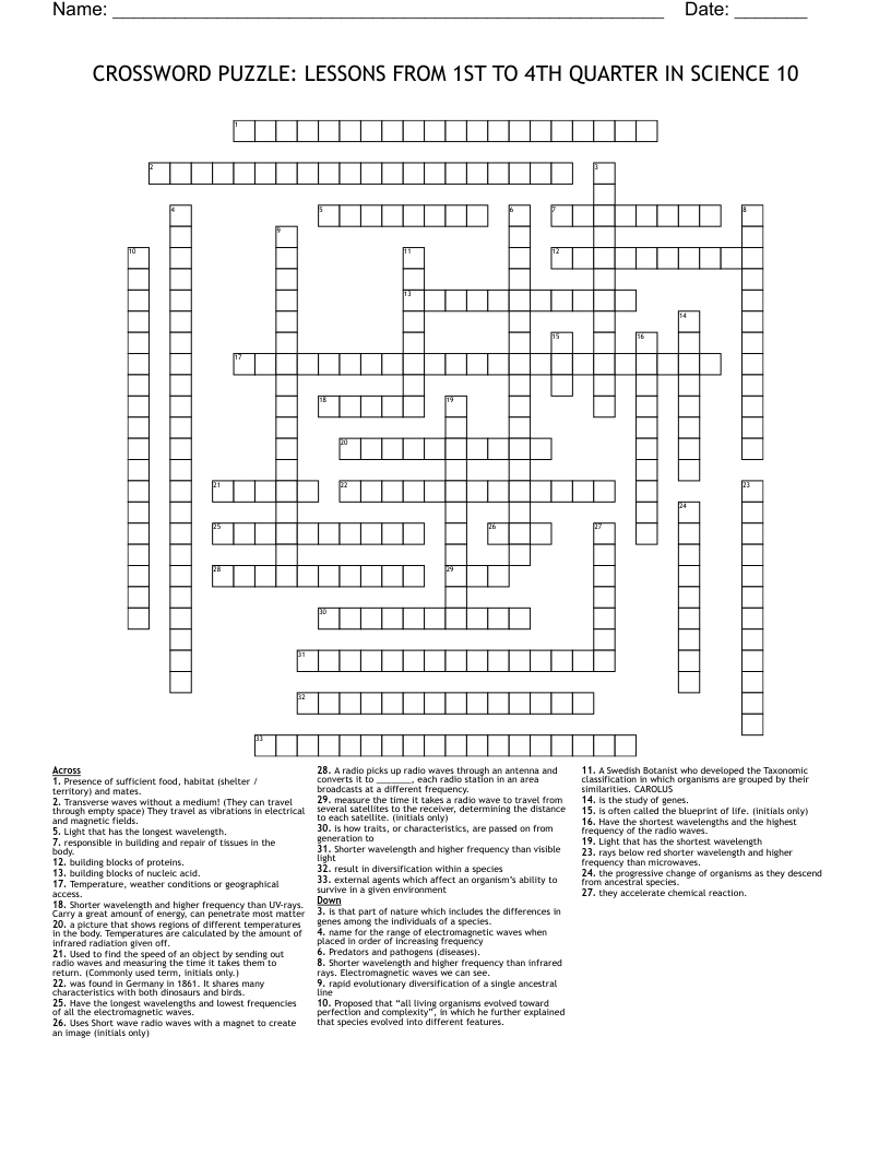 CROSSWORD PUZZLE: LESSONS FROM 1ST TO 4TH QUARTER IN SCIENCE 10