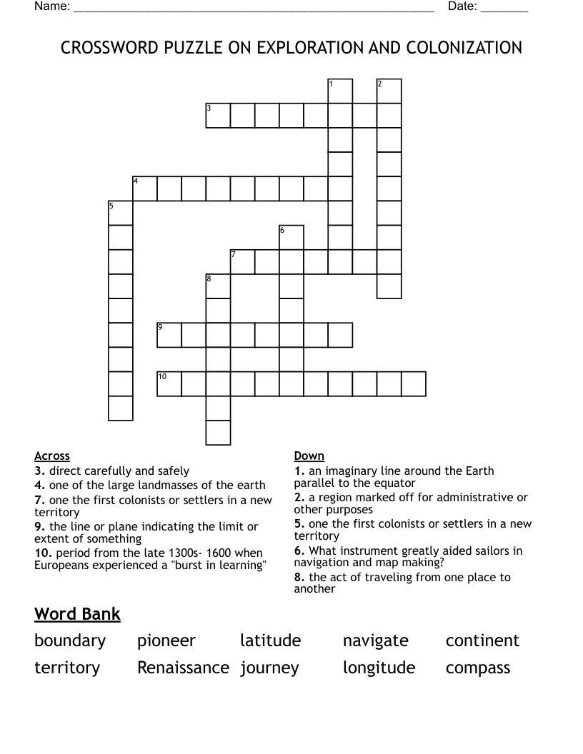 CROSSWORD PUZZLE ON EXPLORATION AND COLONIZATION
