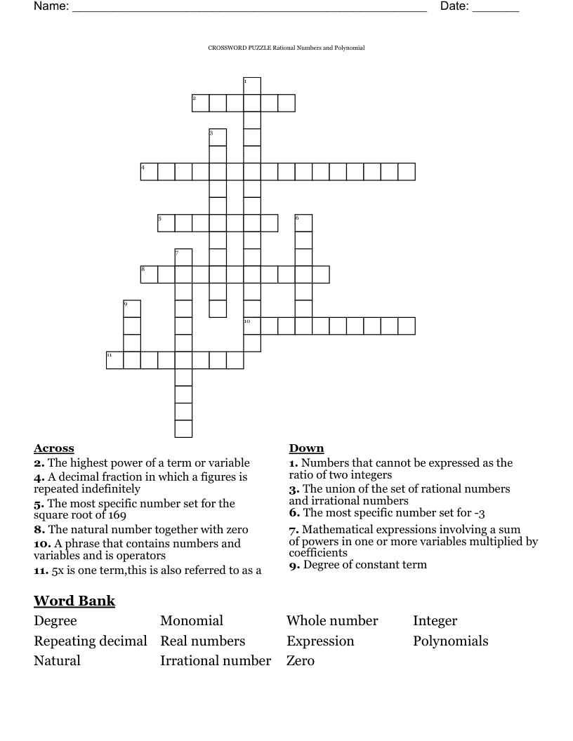 CROSSWORD PUZZLE                                                                                                                                                                                                            Rational Numbers and  Polynomial 
