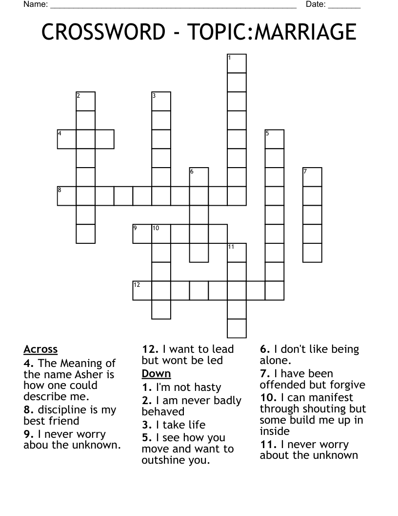CROSSWORD - TOPIC:MARRIAGE