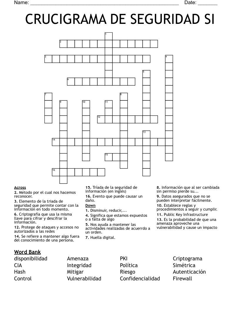 CRUCIGRAMA DE SEGURIDAD SI Crossword