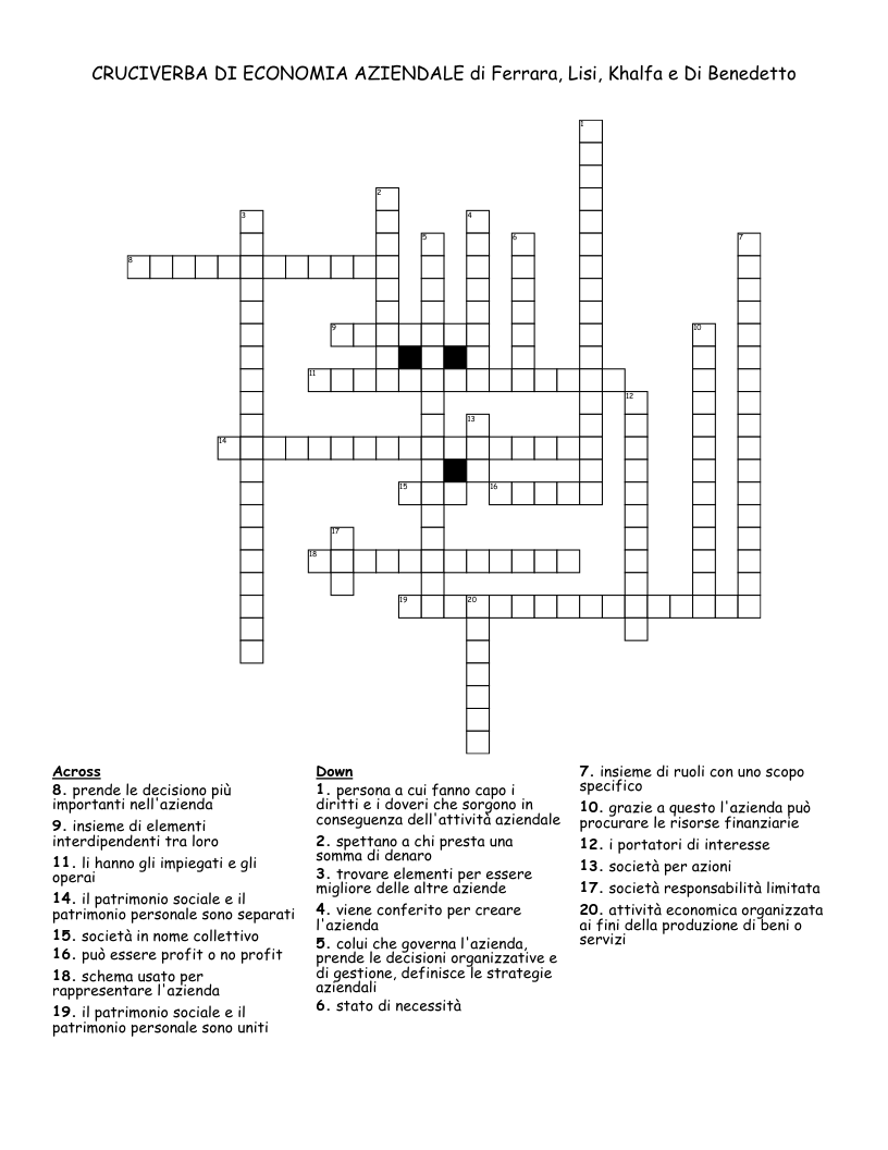 CRUCIVERBA DI ECONOMIA AZIENDALE di Ferrara, Lisi, Khalfa e Di Benedetto Crossword