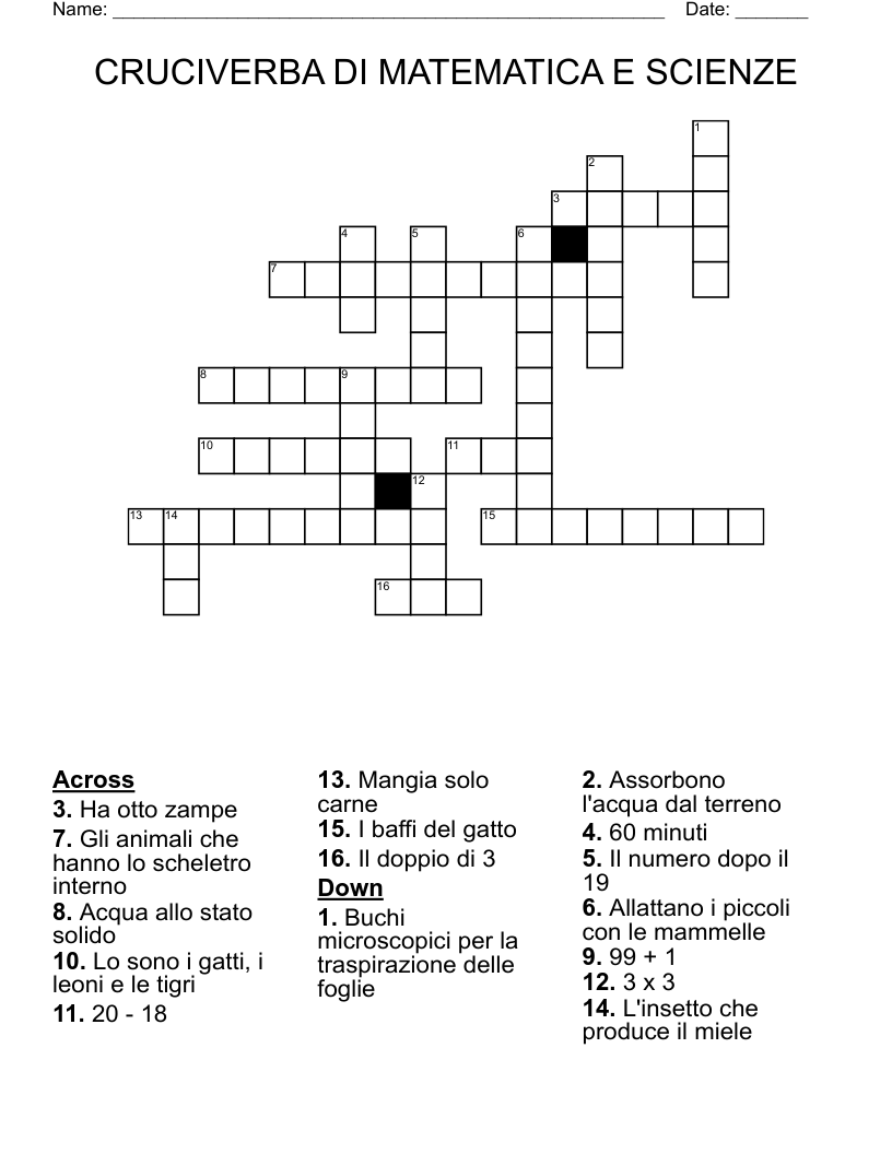 CRUCIVERBA DI MATEMATICA E SCIENZE Crossword