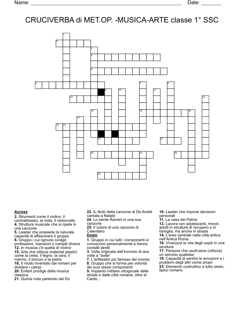 CRUCIVERBA di MET.OP. -MUSICA-ARTE classe 1° SSC Crossword