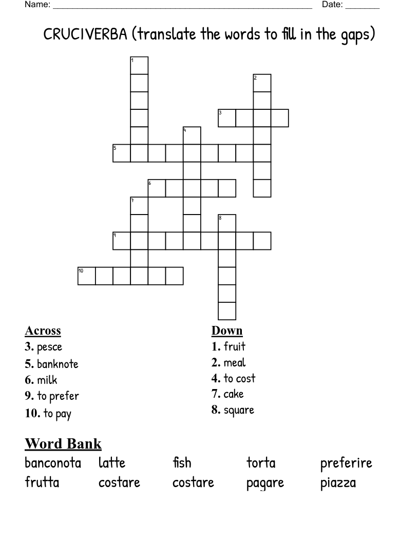 CRUCIVERBA (translate the words to fill in the gaps) Crossword