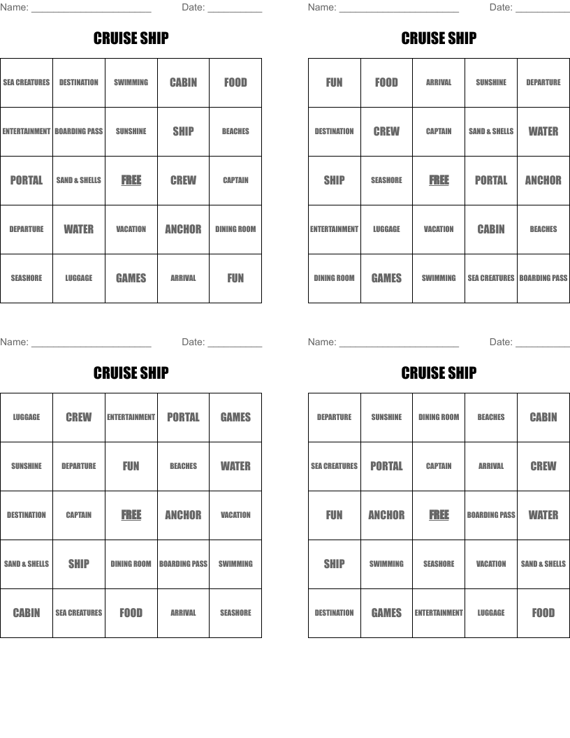 CRUISE SHIP Bingo Cards