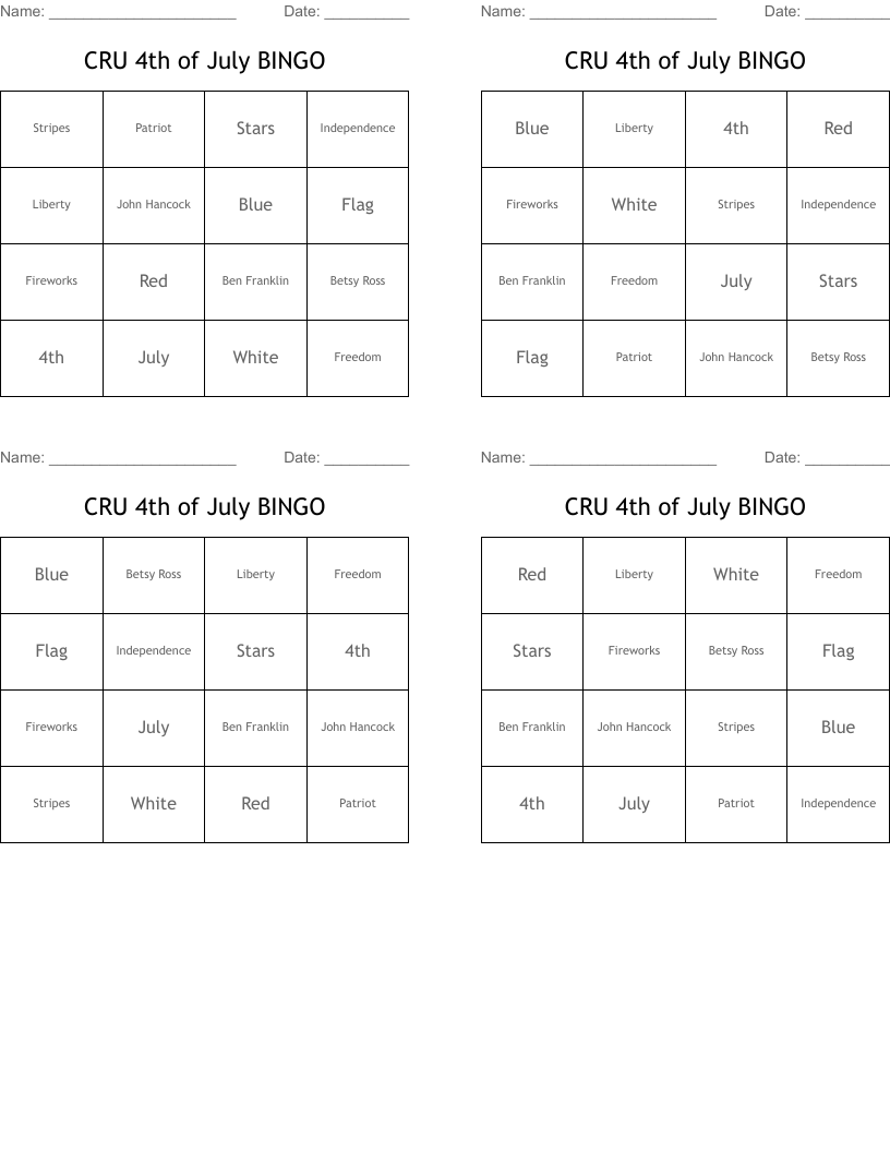 CRU 4th of July BINGO