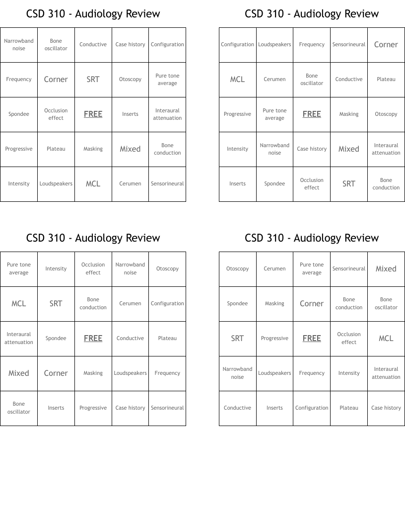 CSD 310 - Audiology Review Bingo Cards