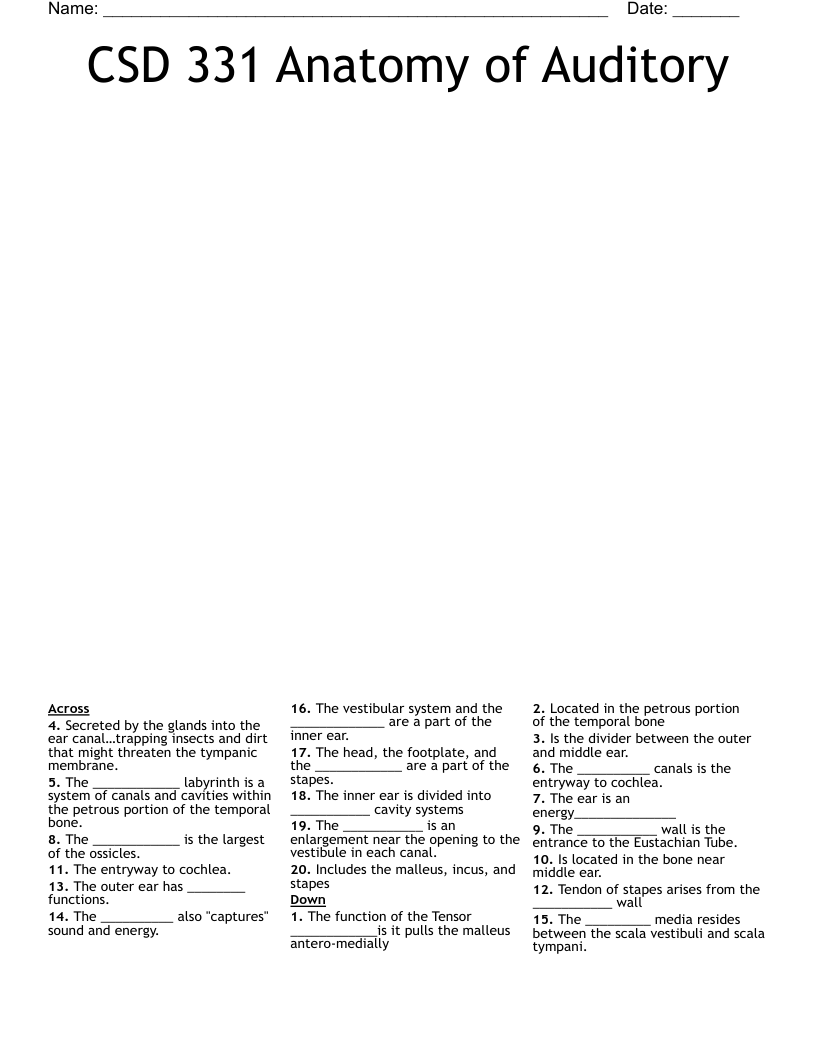 CSD 331 Anatomy of Auditory Crossword