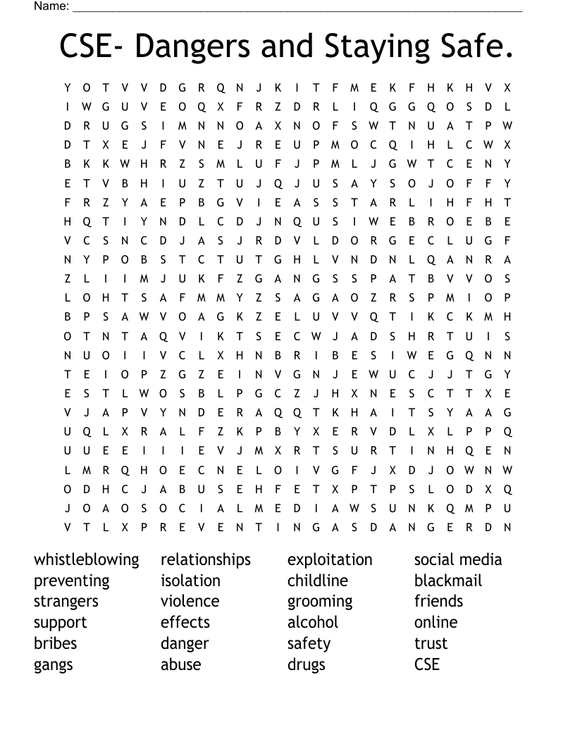 CSE- Dangers and Staying Safe. Word Search