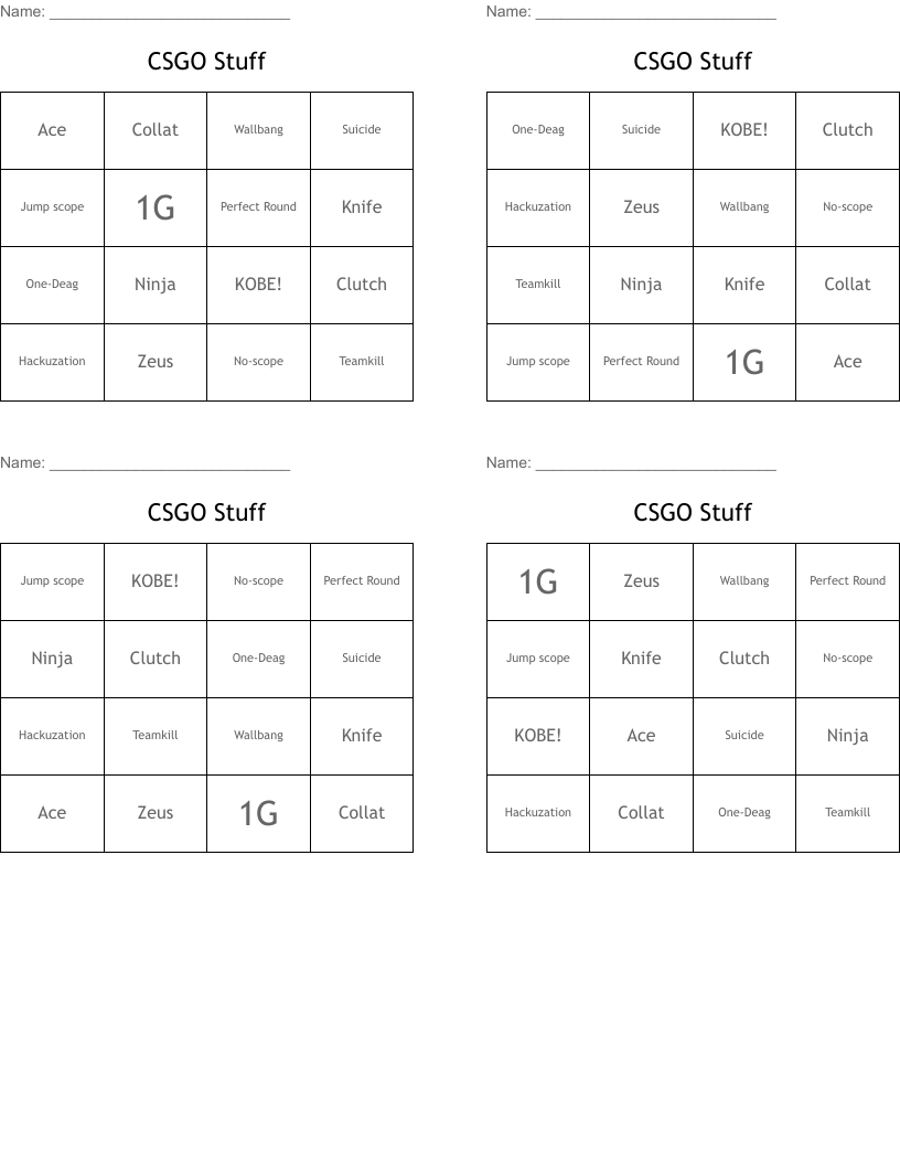 CSGO Stuff Bingo Cards