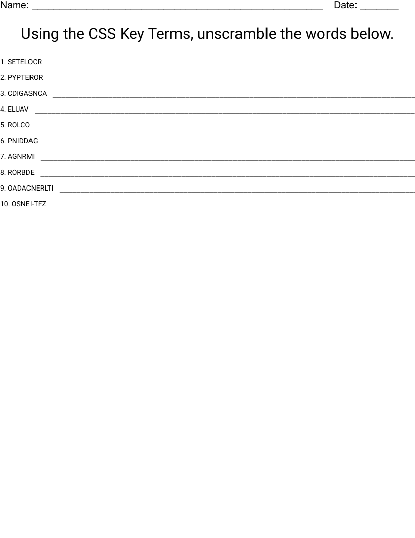 Using the CSS Key Terms, unscramble the words below.