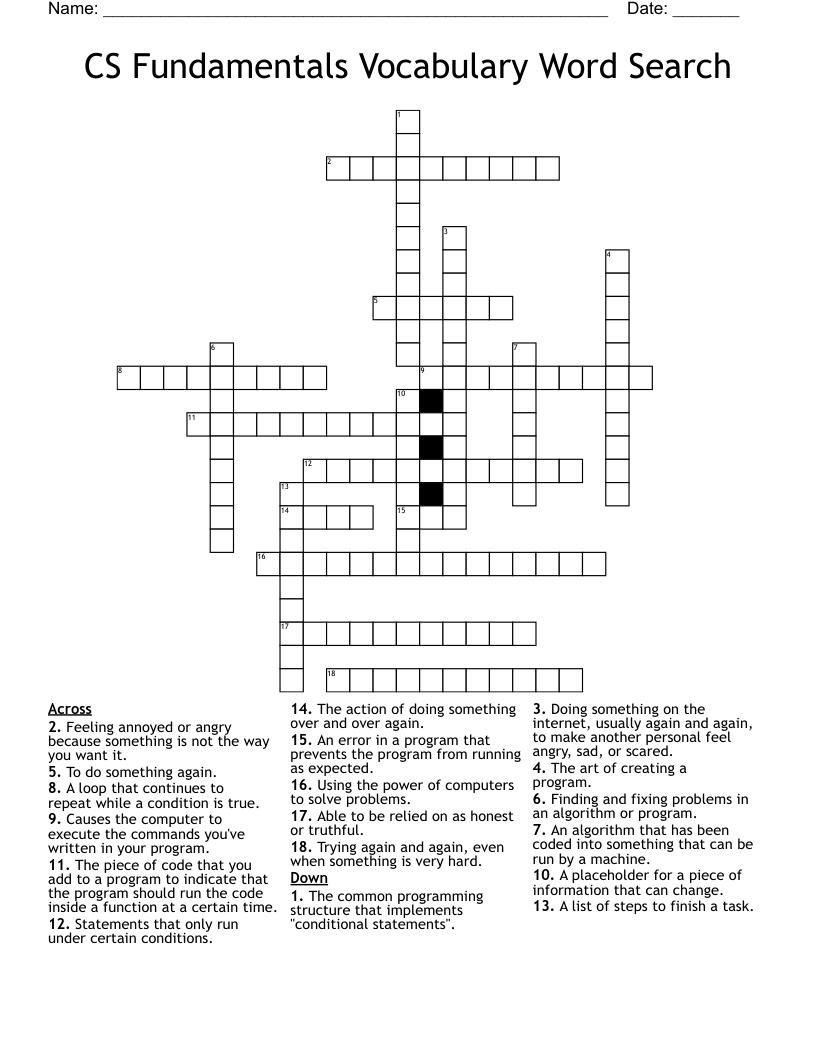 CS Fundamentals Vocabulary Word Search Crossword