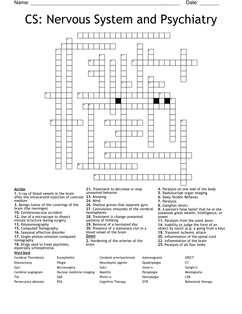 CS: Nervous System and Psychiatry Crossword