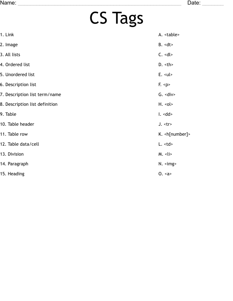 CS Tags Worksheet