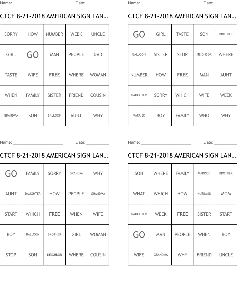 CTCF 8-21-2018 AMERICAN SIGN LANGUAGE Bingo Cards