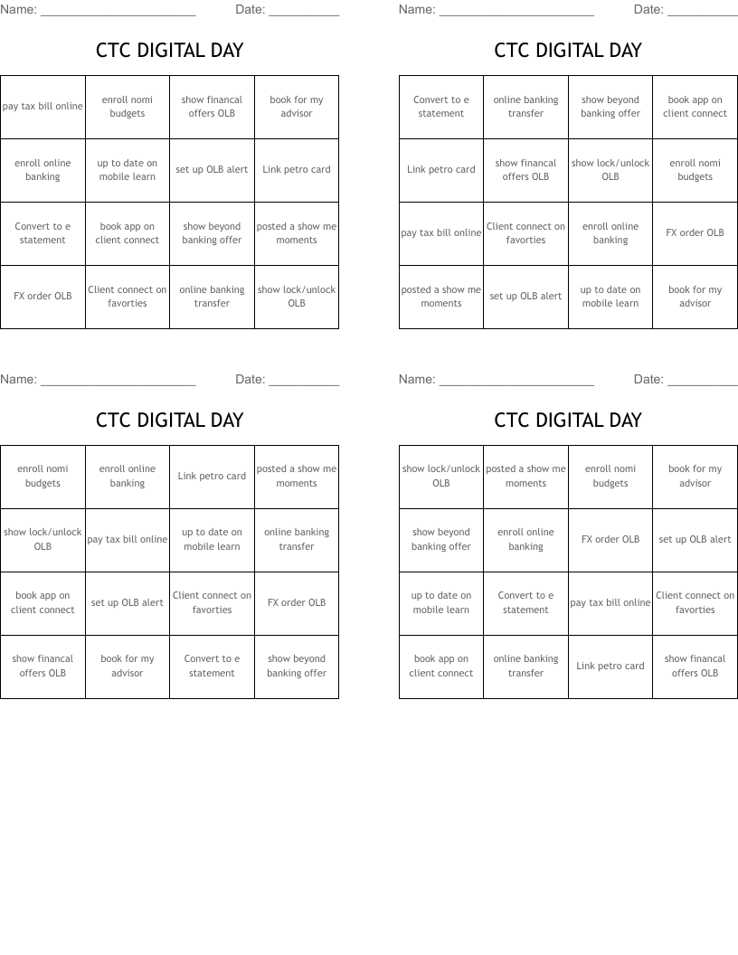 CTC DIGITAL DAY Bingo Cards