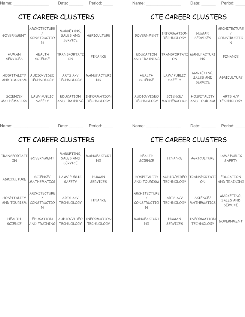 CTE CAREER CLUSTERS Bingo Cards