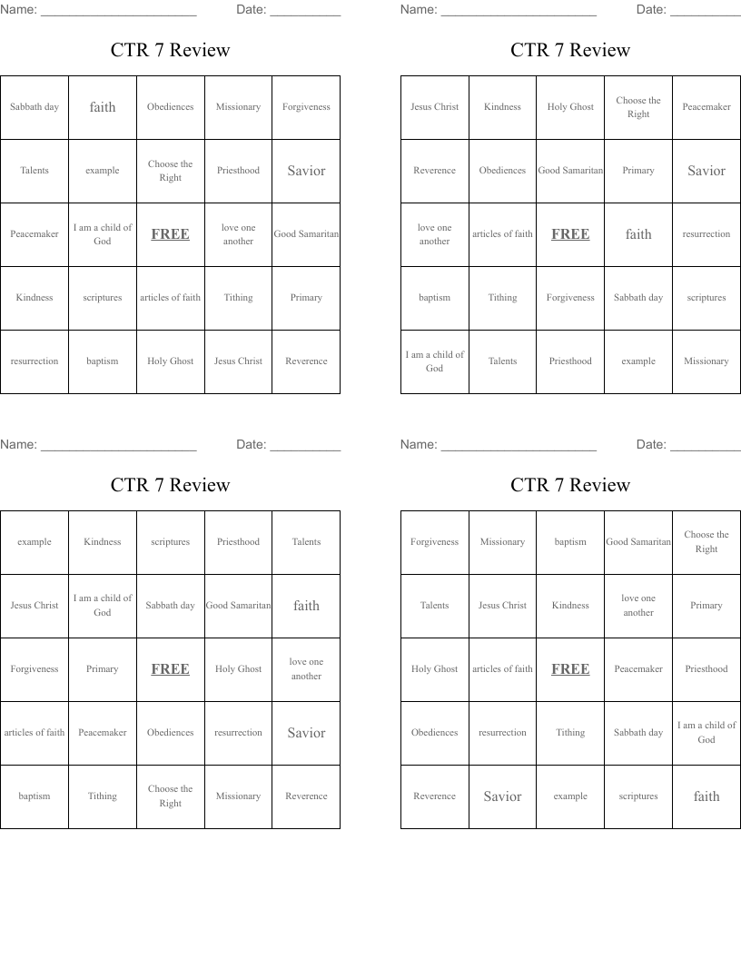 CTR 7 Review Bingo Cards