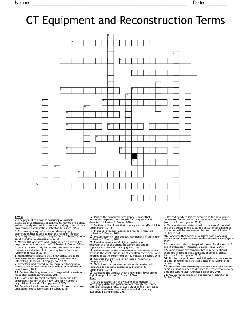 CT Equipment and Reconstruction Terms Crossword