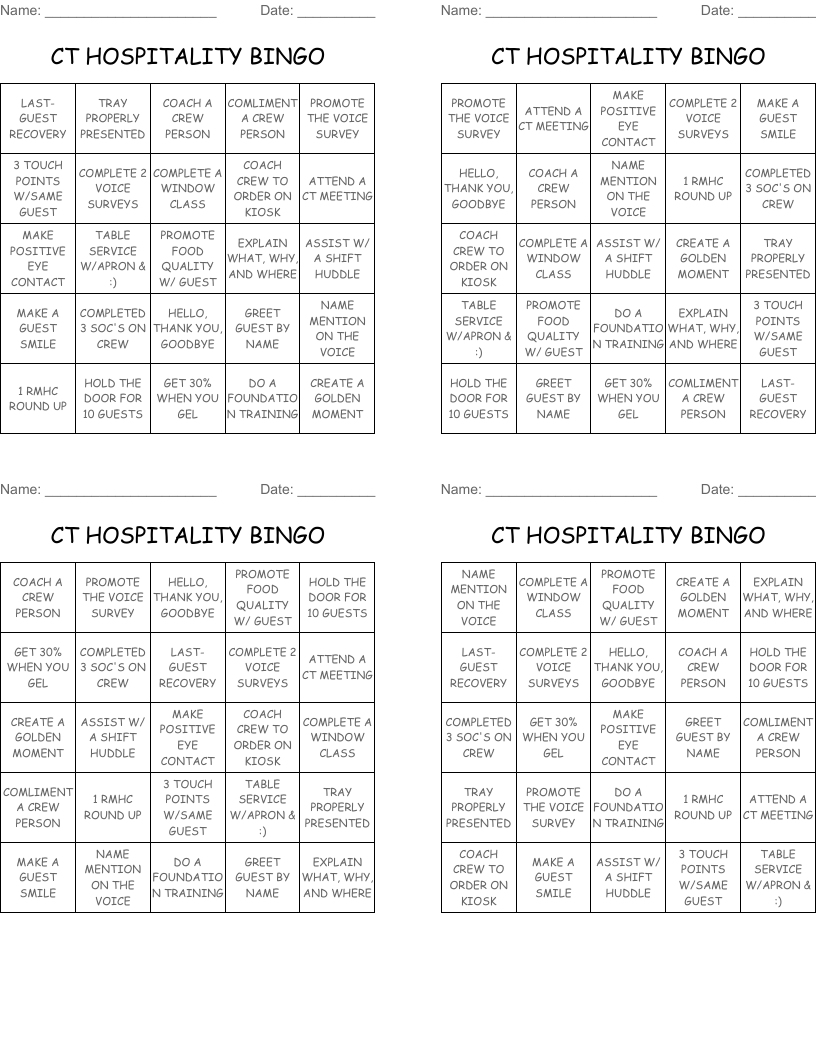 CT HOSPITALITY BINGO