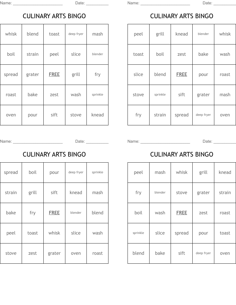 CULINARY ARTS BINGO