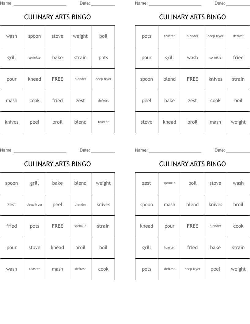 CULINARY ARTS BINGO