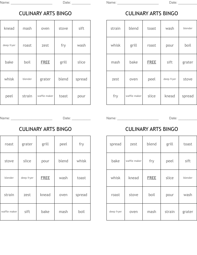 CULINARY ARTS BINGO