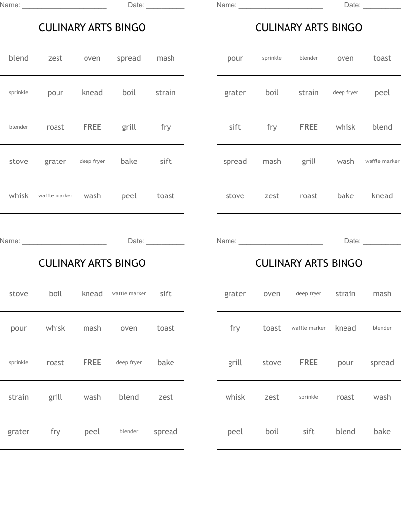 CULINARY ARTS BINGO