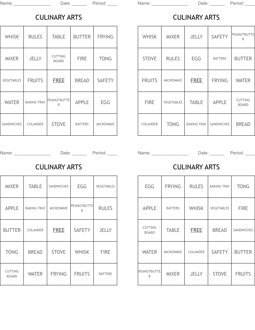 CULINARY ARTS  Bingo Cards