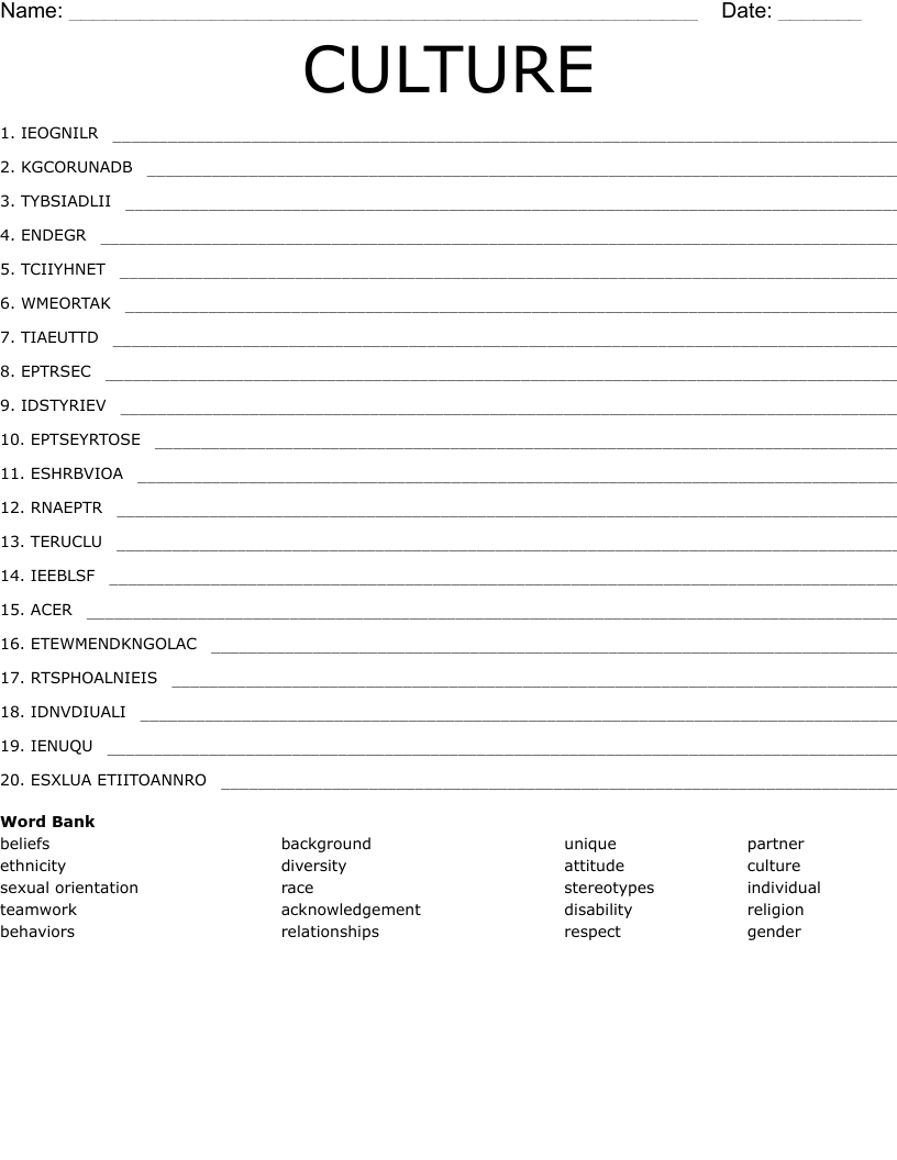 CULTURE Word Scramble