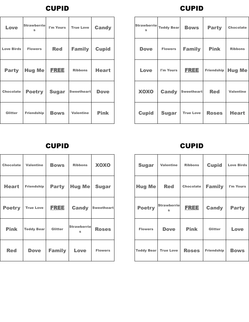 CUPID Bingo Cards