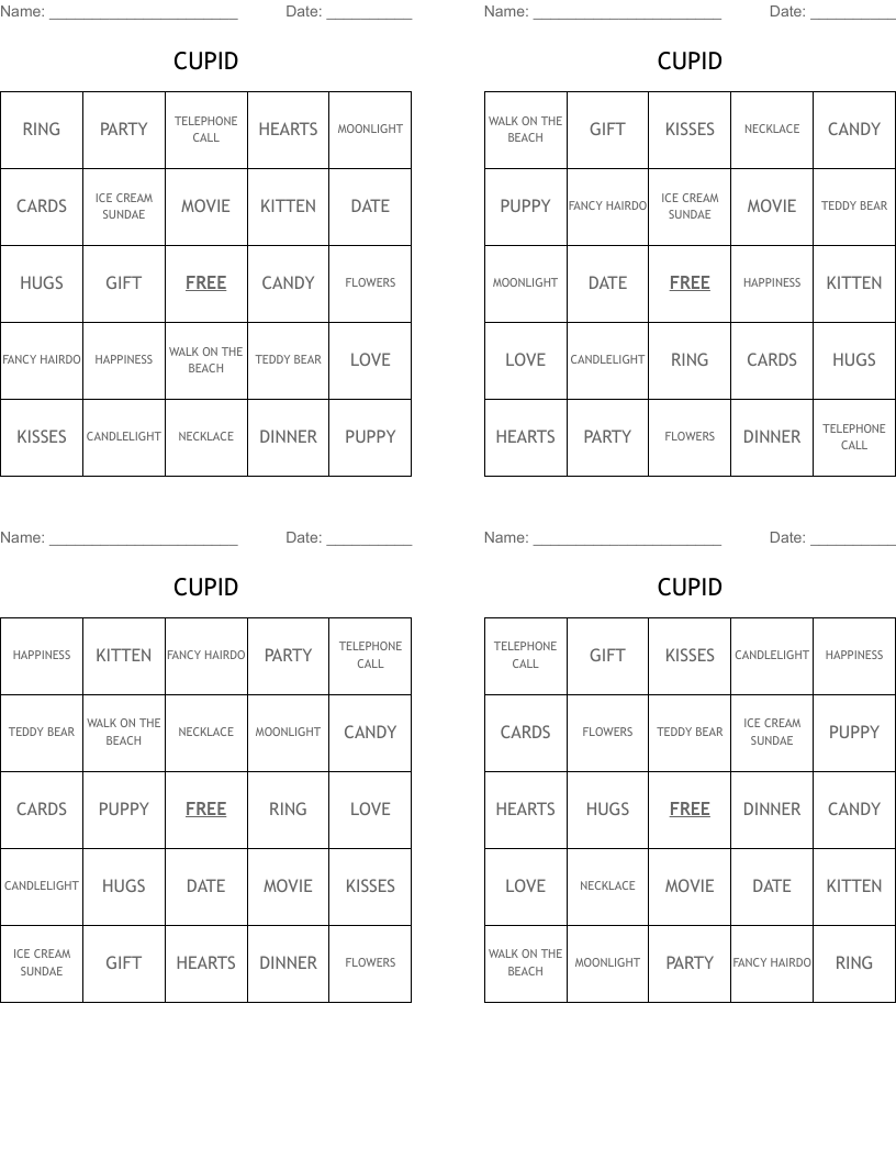 CUPID Bingo Cards