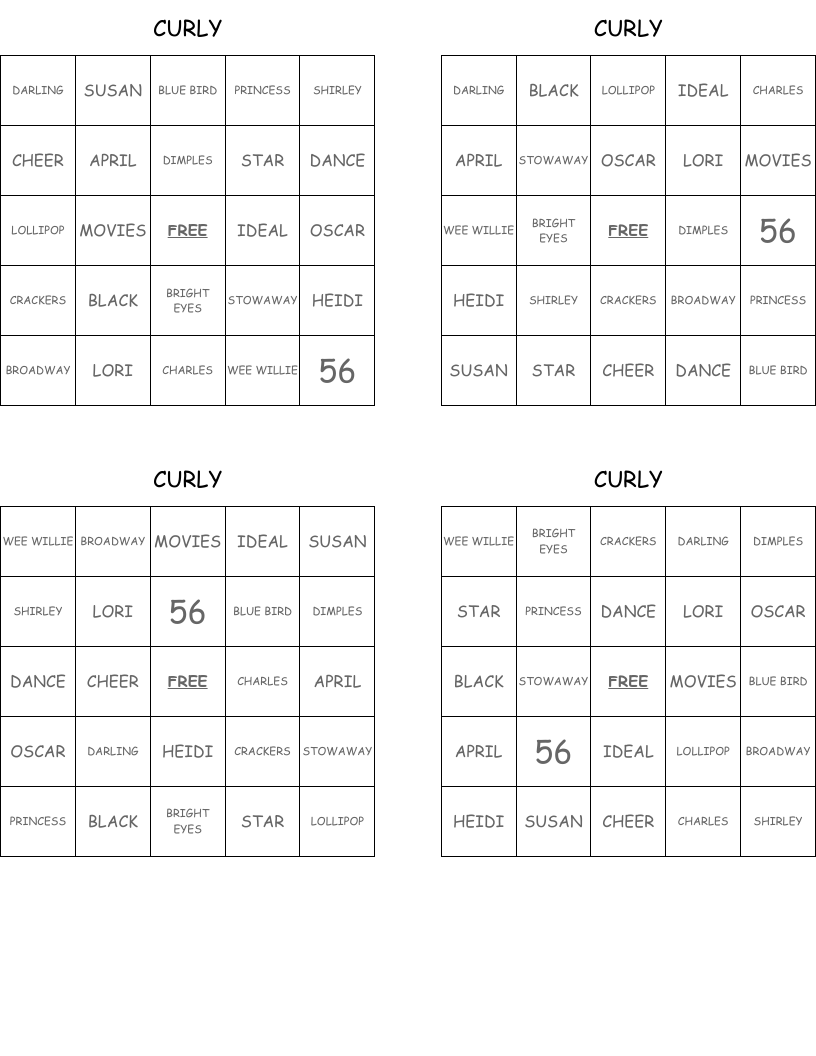 CURLY Bingo Cards