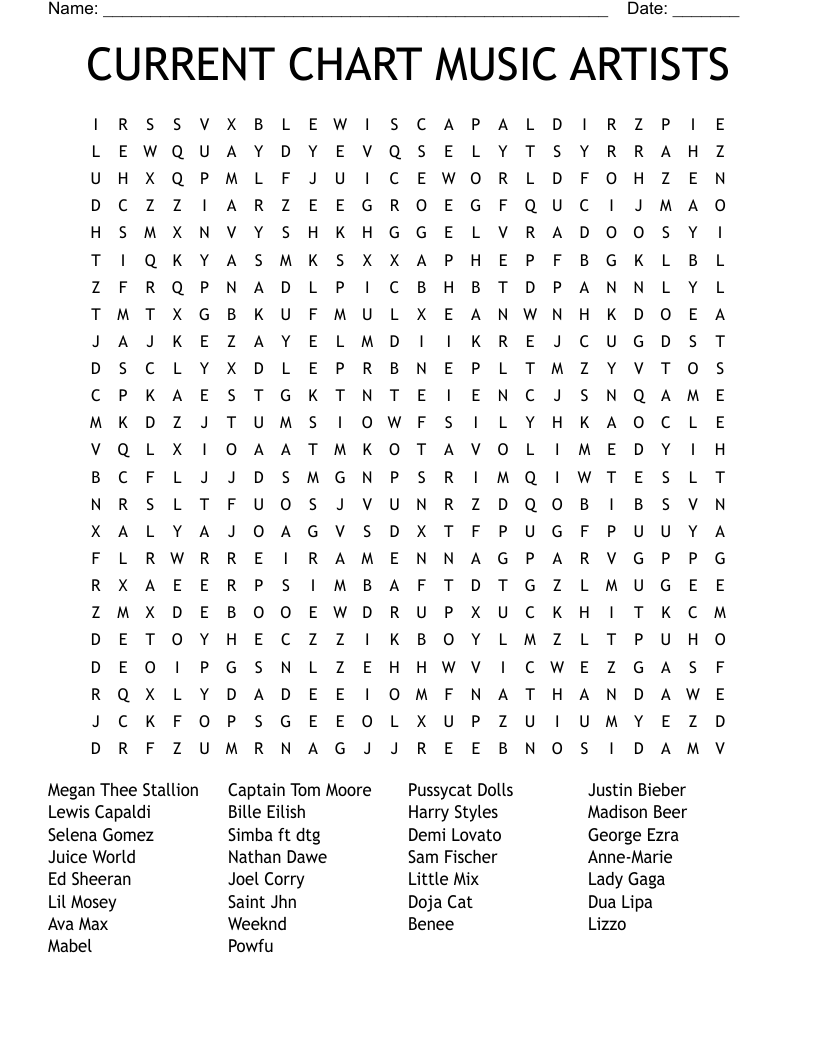 CURRENT CHART MUSIC ARTISTS Word Search