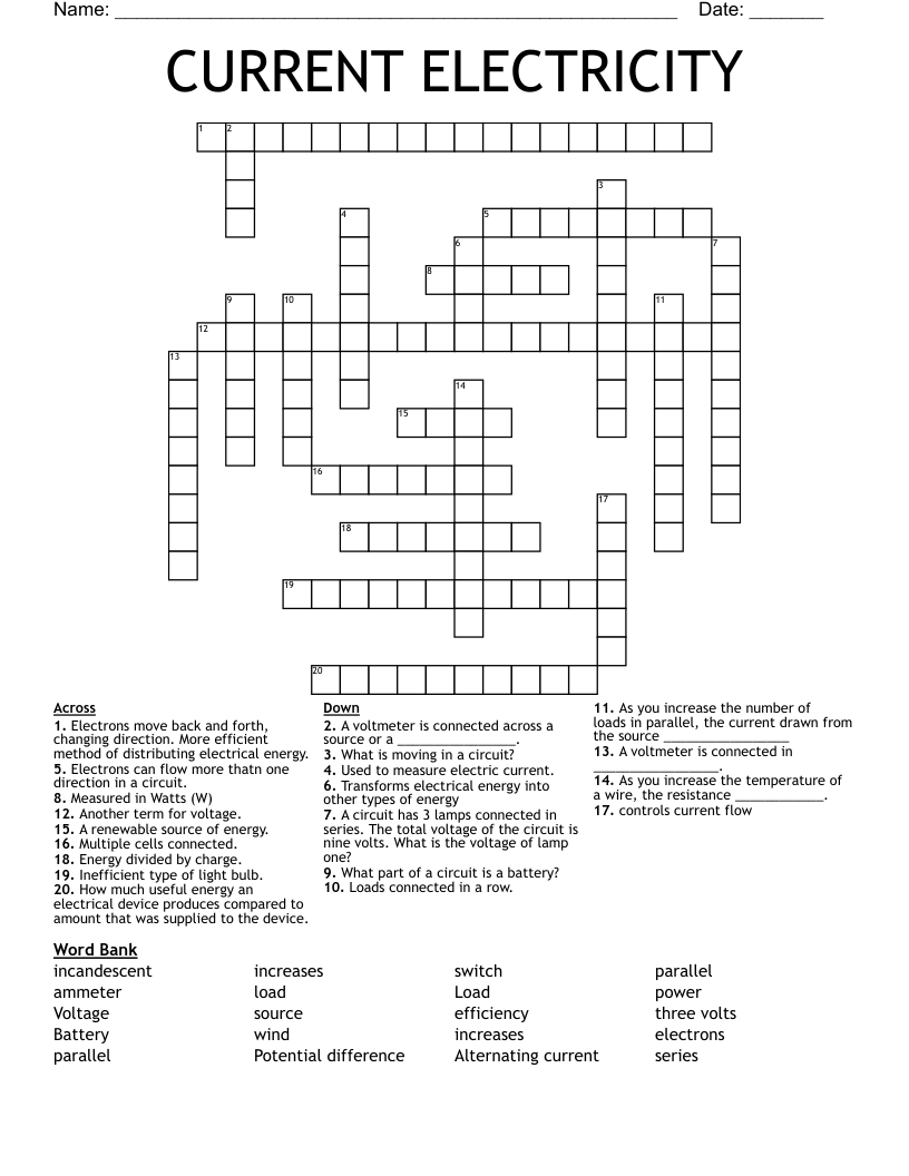 CURRENT ELECTRICITY Crossword