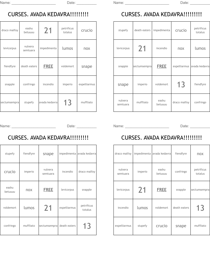 CURSES. AVADA KEDAVRA!!!!!!!!! Bingo Cards