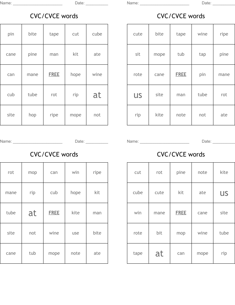 CVC/CVCE words Bingo Cards